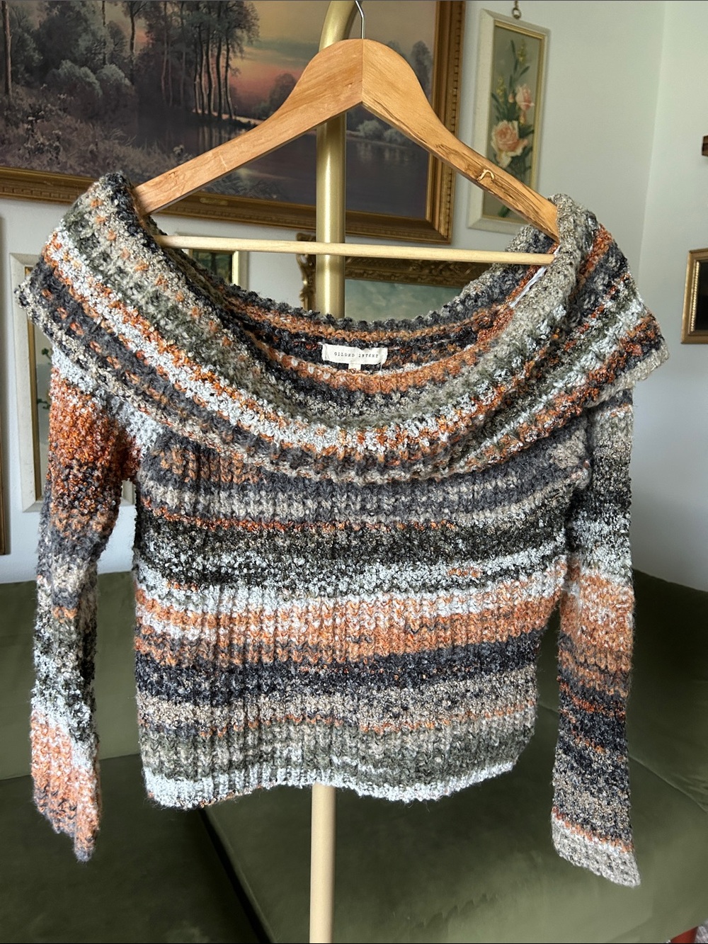 Gilded Intent Striped Off-the-Shoulder Fold-Over Chunky Sweater